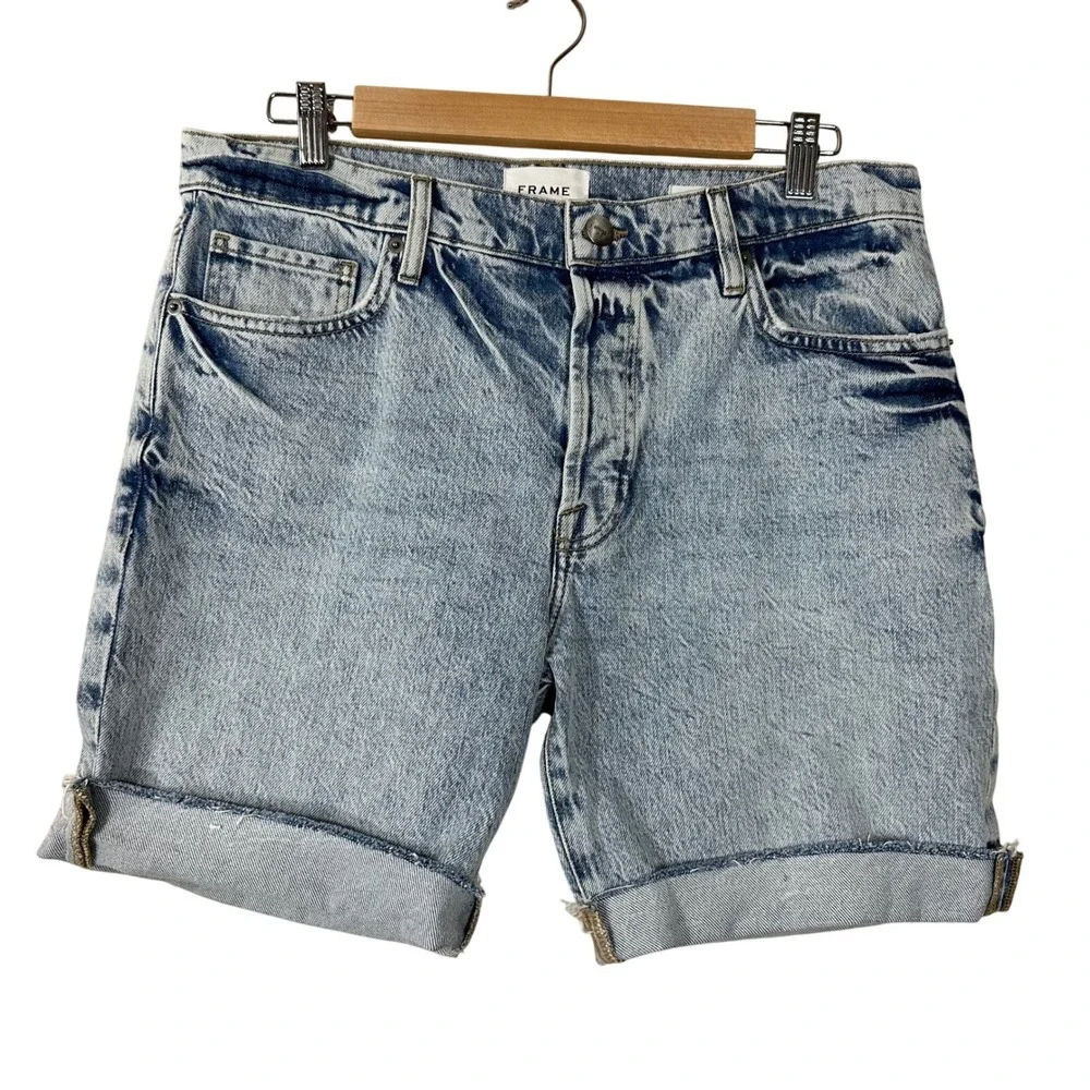 FRAME Le Slouch Bermuda Denim Shorts Acid Wash‎ Blue Button Fly Raw Hem Size 28